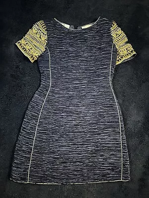 Mary McFadden Vintage Dress Navy Ruffle Beaded Sleeves Sz 4 • $1