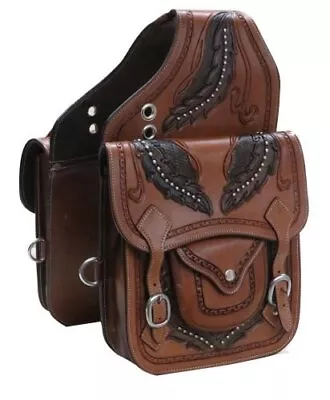 Showman Medium Oil Leather Saddle Bag W/ Tooled Feather Design In Dark Oil • $102.95