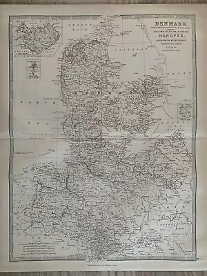 1874 Denmark Iceland North Germany Hand Coloured Antique Map By Johnston • £19.99