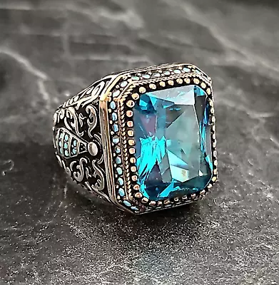 Aquamarine Gemstone Men Ring  Silver Sky Blue Gemstone Ring  Vintage Handmade • $61