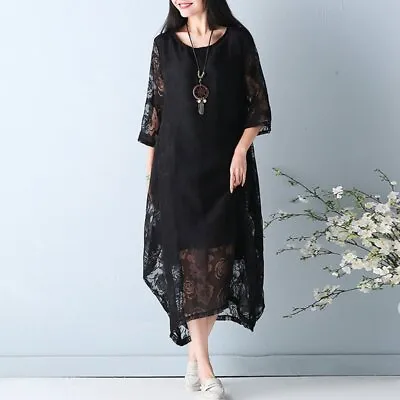 Womens Vintage Dress Long Dress Lace 3/4 Sleeve O Neck Casual Loose Fashion • $24.49