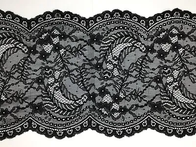 *CLEARANCE* Black Dainty Wide Stretch Lace Trim 9”/23cm ONLY £1.20 PER METRE • £1.20