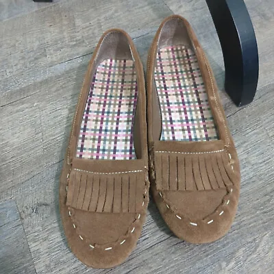 Lands End Women's Driving Shoes Fringe Brown Suede Loafers Moccasins Size 8 H • $18