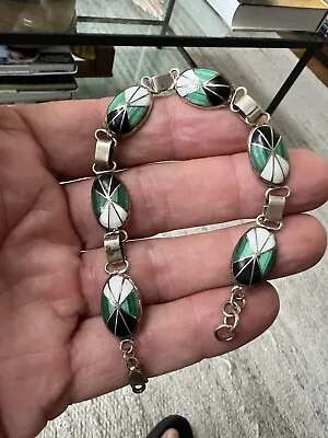 VINTAGE  ZUNI  STERLING Signed  MALACHITE Onyx Pearl INLAYED  Link Bracelet • $46.67