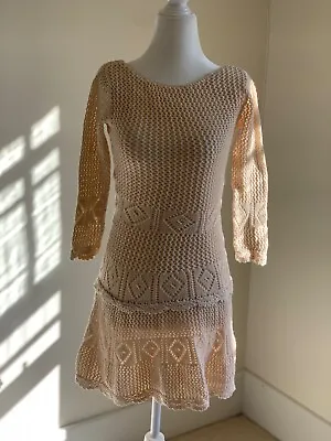 Vintage Moda International Crochet Sweater Dress XS Ivory Open Back Boho Chic • $49.95