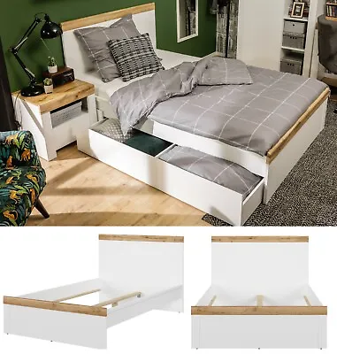 Small Double Bed Frame Euro 120cm Solid Wood Slats White Gloss Oak Effect Holten • £299.95