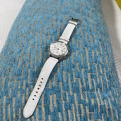 Authentic White Michael Kors Leather Band Watch Silver Diamond Face Bracelet OS  • $65