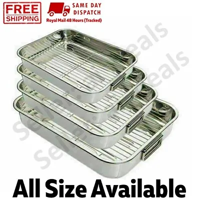 Stainless Steel Roasting Oven Dish Meat Baking Roaster Tin Grill Rack Tray 8883 • £14.99