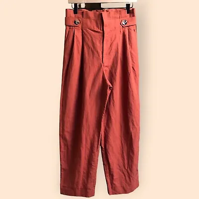 $28 • Buy ZARA Woman Burnt Orange Paperbag Linen Pants Trousers Wide Leg High Waisted S
