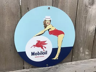 Mobiloil Mobilgas Gasoline Round Metal Pinup Girl Pin Up  Sign Mobil Oil Gas • $20