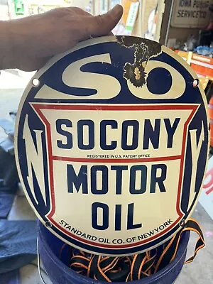 Vintage 20’s - 30s Standard Oil Co NY Socony Gasoline Porcelain Curved Sign • $650