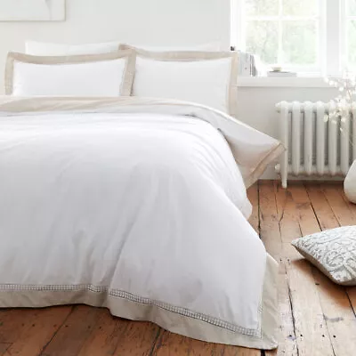 Bianca Natural White Oxford Lace 200 Thread Count 100% Cotton Duvet Cover Set • £43.99