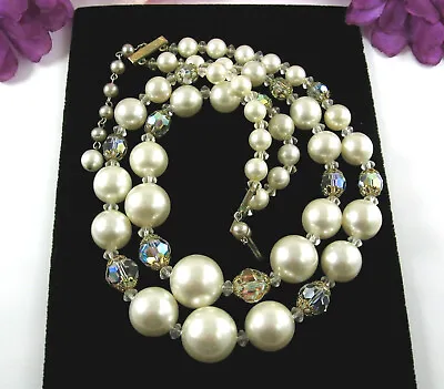 Vintage 2 Strands AURORA BOREALIS Crystal BEADS Necklace Beaded Graduated White • $16.79