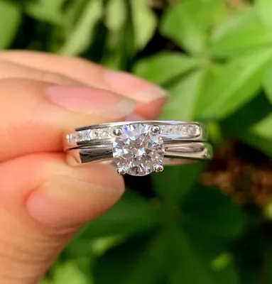 2.6 CTW Round VVS1 Moissanite Bridal Engagement Ring Set 14K White Gold Plated • $158.14