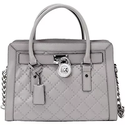 Michael Kors Microstud Hamilton Quilted Leather East West EW Pearl Grey Satchel  • $149.99