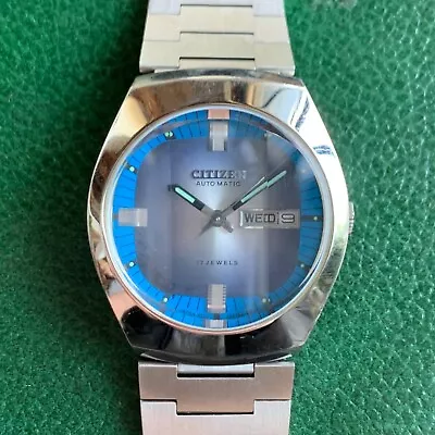 Vintage 70's Citizen Automatic Day Date Blue Dial Wristwatch - Mint OG Bracelet • $229