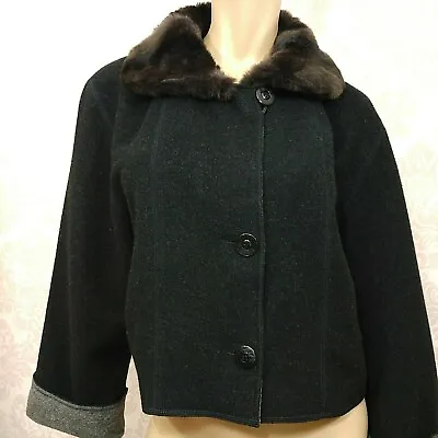 Vintage Reversible Rabbit Fur Collar Wool Cropped Jacket Womens M Gray Black • $33.86