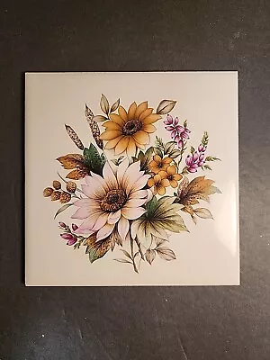Vintage H & R Johnson Floral Tile Trivet Made In England Flowers Sunflowers • $24.99