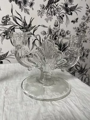 Vintage  Glass Art Deco Double Candelabra Candle Holder Set Of 2 Clear • $32