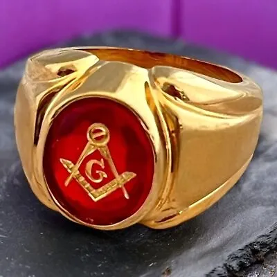 Vintage Freemason Masonic Ring Size 8 Red Glass Cabochon 18K Gold Plate 14A • $125