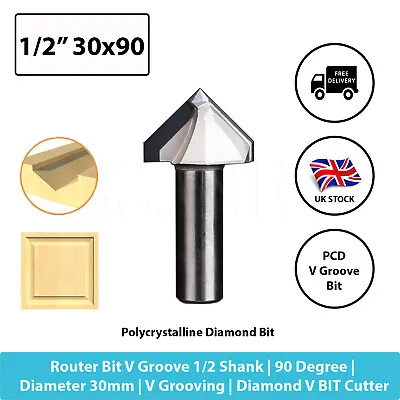 PCD Router Cutter Bit V Groove 1/2 Shank 90 Degree 30mm Radius CNC • £109.99