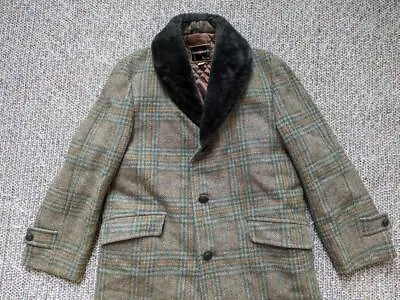 Vintage 1960s Towncraft TWEED Overcoat 38 Plaid Dongal MOUTON Topcoat Jacket M • $159.95