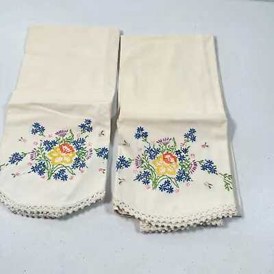 Vintage Pillowcase Pair Set Cotton Floral Daffodil Yellow Crochet Edge Shabby • $19.20