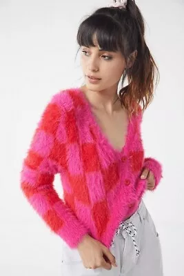 Lazy Oaf Pink Fluffy Checkerboard Cardigan Size L GREAT CONDITION • £6.66