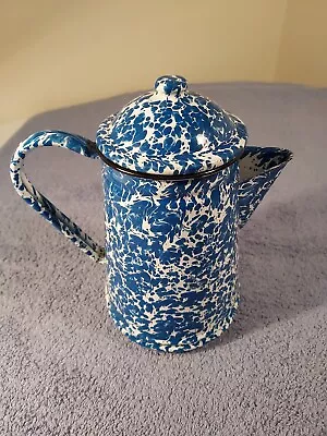 Vintage Blue & White Speckled Enamelware Tea Pot Kettle  Graniteware Camping 8x5 • $16.99