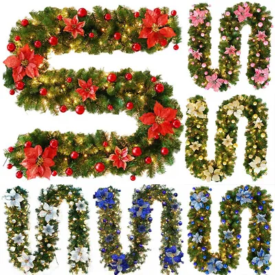 £9.99 • Buy 9FT Pre Lit Christmas Garland With Lights Door Wreath Xmas Fireplace Decor LED
