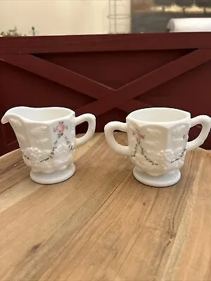 Vintage WESTMORELAND MILK GLASS Paneled Grape Sugar & Creamer HAND-PAINTED ROSES • $20