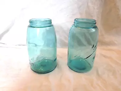 2 LOT Antique Slope Shoulder Blue Glass Ball Mason Canning Quart Jar • $11.95