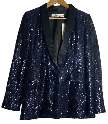 Zara Sequin Tuxedo Blazer NWT Womens Medium Navy Blue Career Jacket Blogger Fave • $124.88