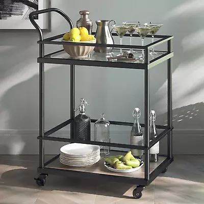 Nathan James Carter Rolling Bar Tea Or Cocktail 2-Tiered Glass Serving Cart Wit • $133.99