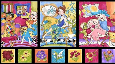 Loralie Sitting Pretty Portrait Ladies Relax Scenes Cotton Fabric 24 X44  Panel • £8.04