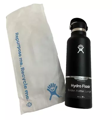 Hydro Flask Black 21 Oz. Standard Mouth W/flex Cap Cold/hot Water Liquid Bottle • $21.99