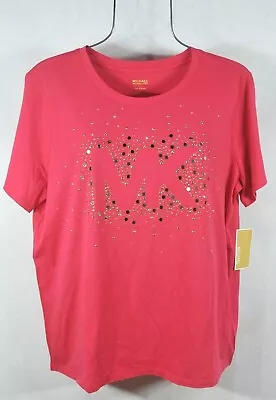 Michael Kors Women's T-shirt M Deep Pink Studded MK Logo Top Blouse $88 NWT • $36.99