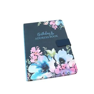 A5 NAVY BLUE ADDRESS & BIRTHDAY Book Floral Satin Design Magnetic Closure Clip • £5.99
