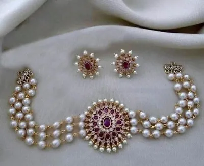 Indian Bollywood Bridal White Pearl CZ A.D Wedding Jewelry Choker Necklace Set • $16.65