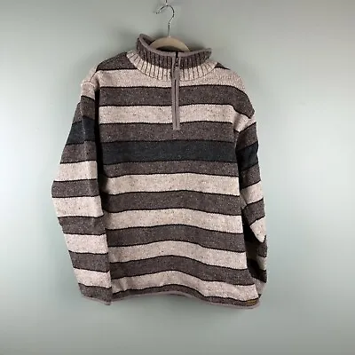 Men's Laundromat 1/4 Zip Striped Wool Sweater Cotton Lined Handmade Nepal Large • $39.99