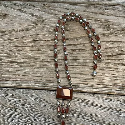 Vtg Czech Carnelian Marcasite Silvertone Bezel Set Necklace GORGEOUS! • $50