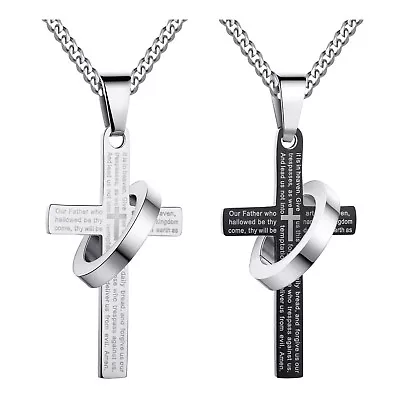 Men's Stainless Steel Bible Lord's Prayer In English Halo Cross Pendant Necklace • $14.23