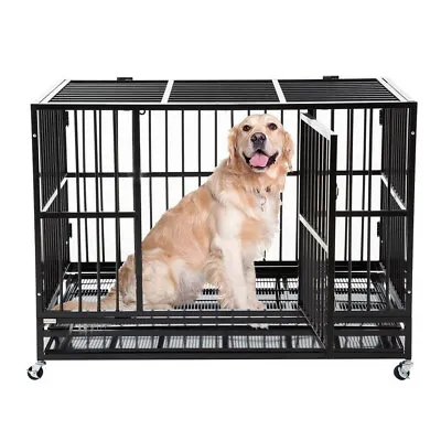 $158.91 • Buy Heavy Duty Dog Crate Cage 48  Extra Large Dog Crate Kennel With 2 Doors & Wheels