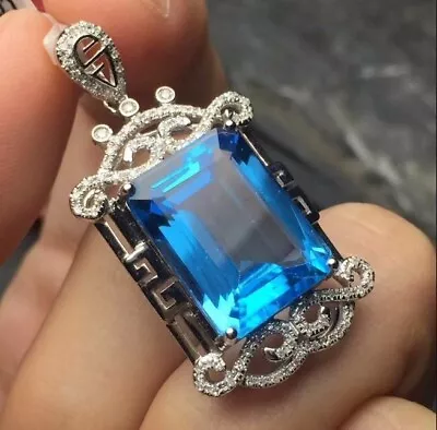 Vintage Inspired Solitaire Emerald London Blue Topaz Pendant In 14K White Gold • $74.52