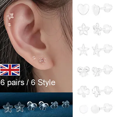 6 Pairs Invisible Plastic Stud Earrings. Allergy Free Resin Post Piercing Ear UK • £4.95