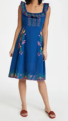 Farm Rio Cross Stitch Embroidered Dress M 12 10 Cotton Mexican Square Blue £250 • £110