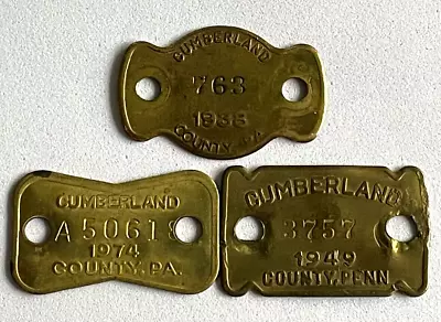 Vintage 30's 40's 70's Cumberland Co PA Dog License Tax Tag Lot Of 3 Brass • $9.95