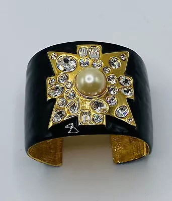 Kenneth Jay Lane Maltese Cross Black Enamel Clear Rhinestone Wide Hinged Bangle • $289