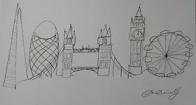 Original Pen Ink Drawing London Panoramic Cityscape Gherkin Shard Bridge Big Ben • £29.99
