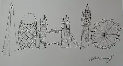 Original Pen Ink Drawing London Panoramic Cityscape Gherkin Shard Bridge Big Ben • £39.99